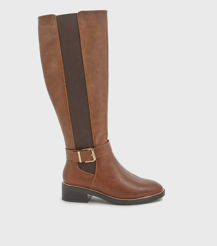 Wide Fit Tan Leather-Look Buckle Knee High Boots