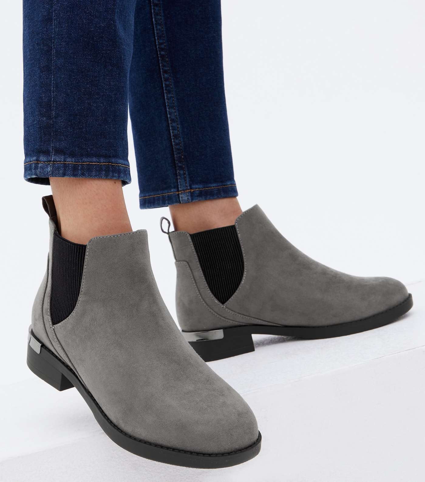 Extra Wide Fit Grey Suedette Metal Trim Chelsea Boots Image 2