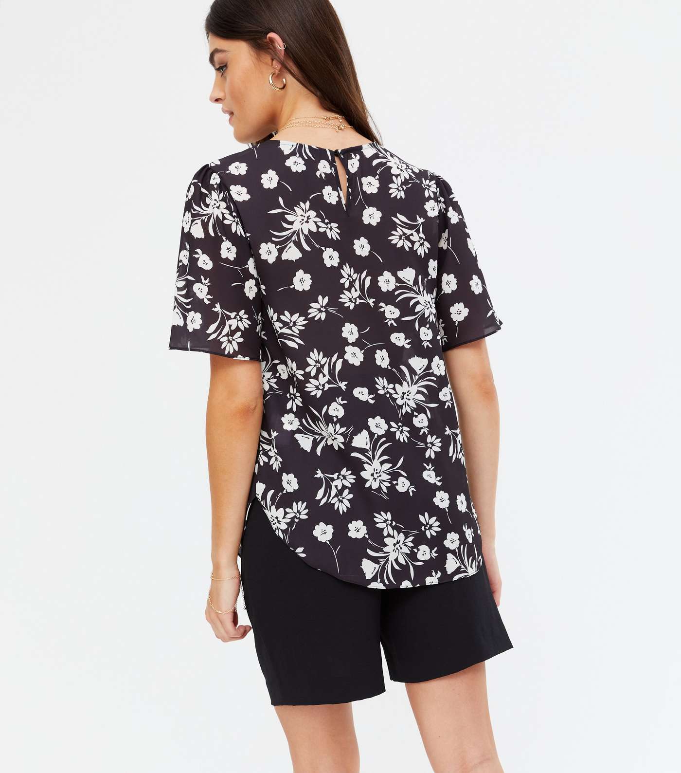 Black Floral Flutter Sleeve T-Shirt Image 4