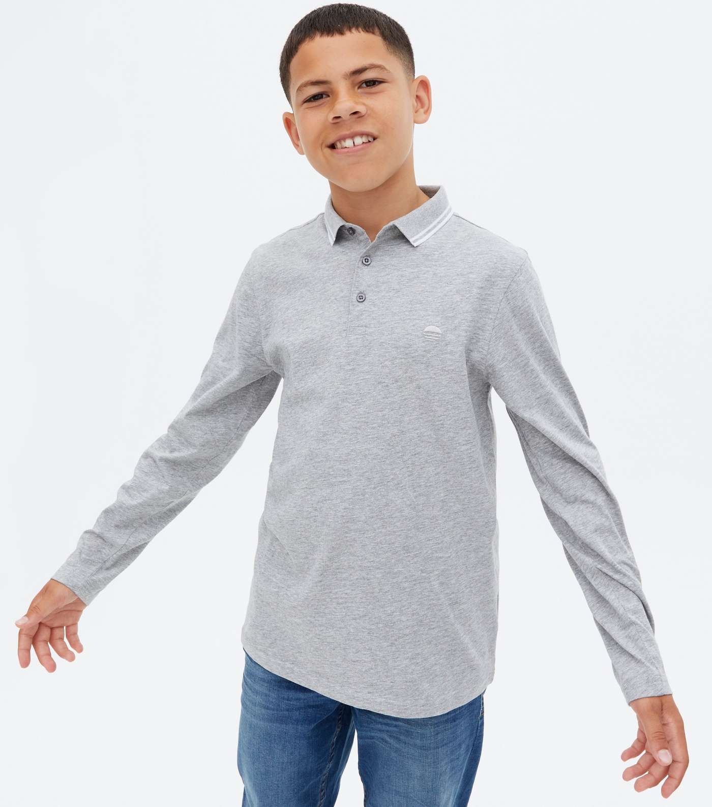 Boys Grey Embroidered Long Sleeve Polo Shirt