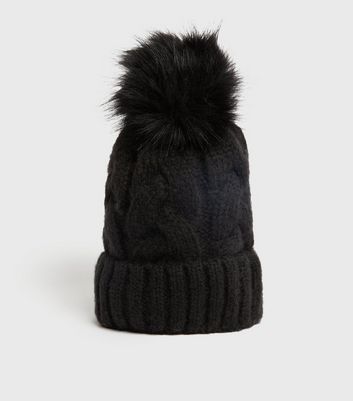 black cable knit pom pom hat