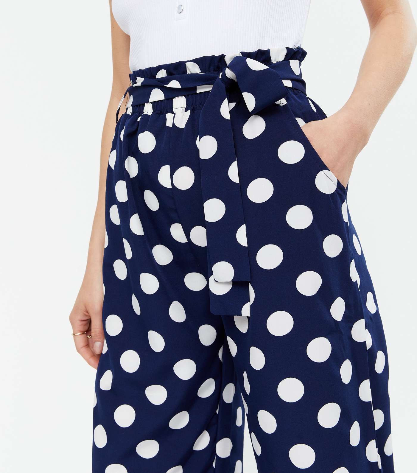 Blue Vanilla Navy Spot Tie Waist Crop Trousers Image 3