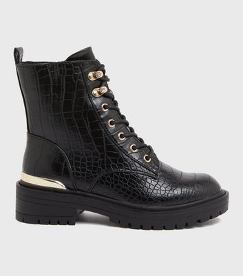 Black Faux Croc Metal Trim Chunky Lace Up Boots