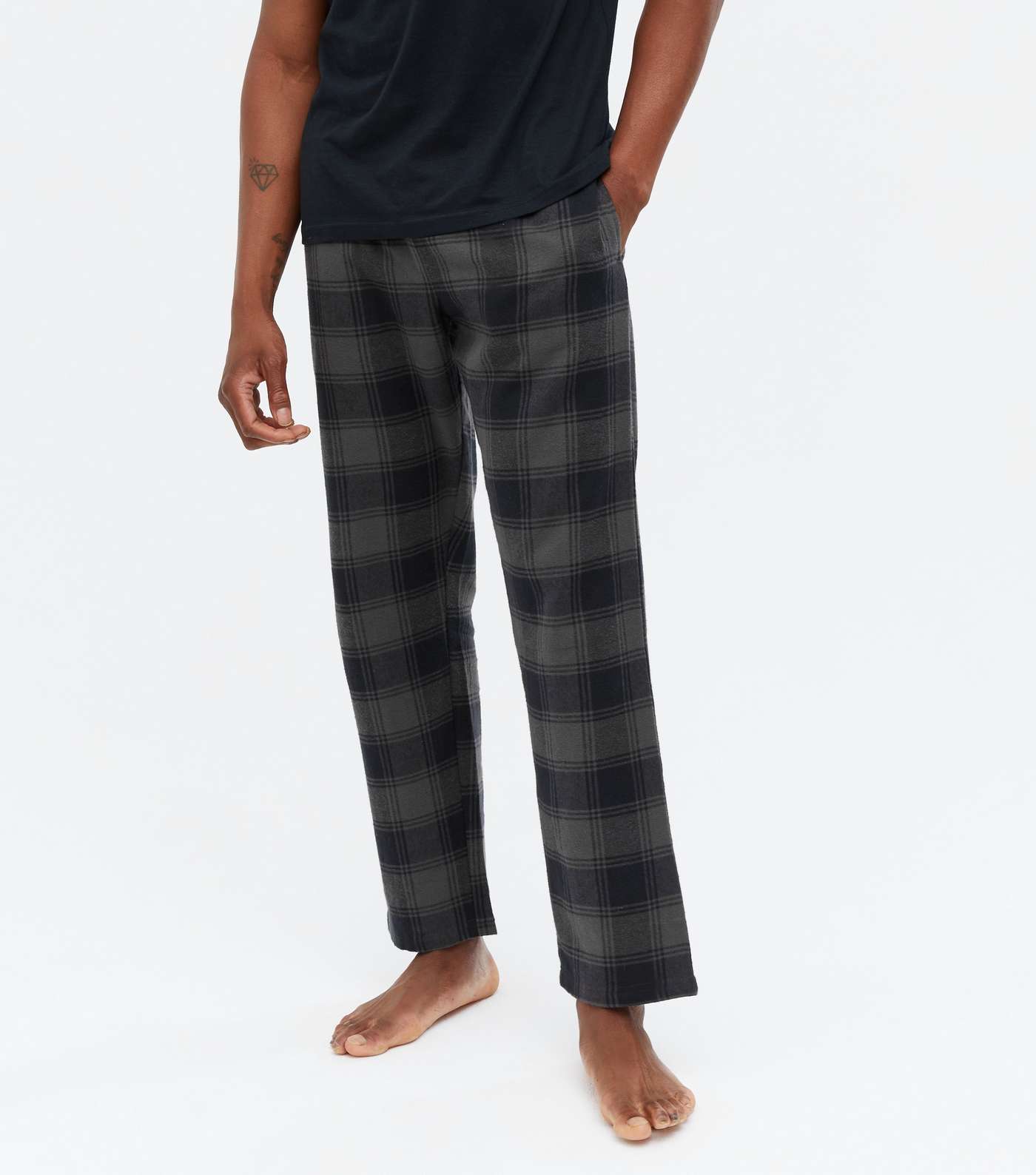 Black T-Shirt and Trouser Pyjama Set with Check Print Image 3