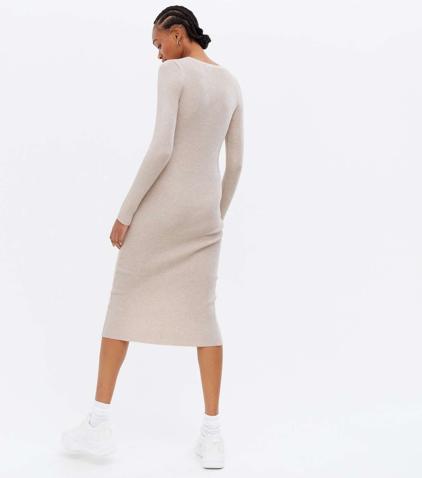 Tall Cream Ribbed Knit Button Front Midi Dress Image 4