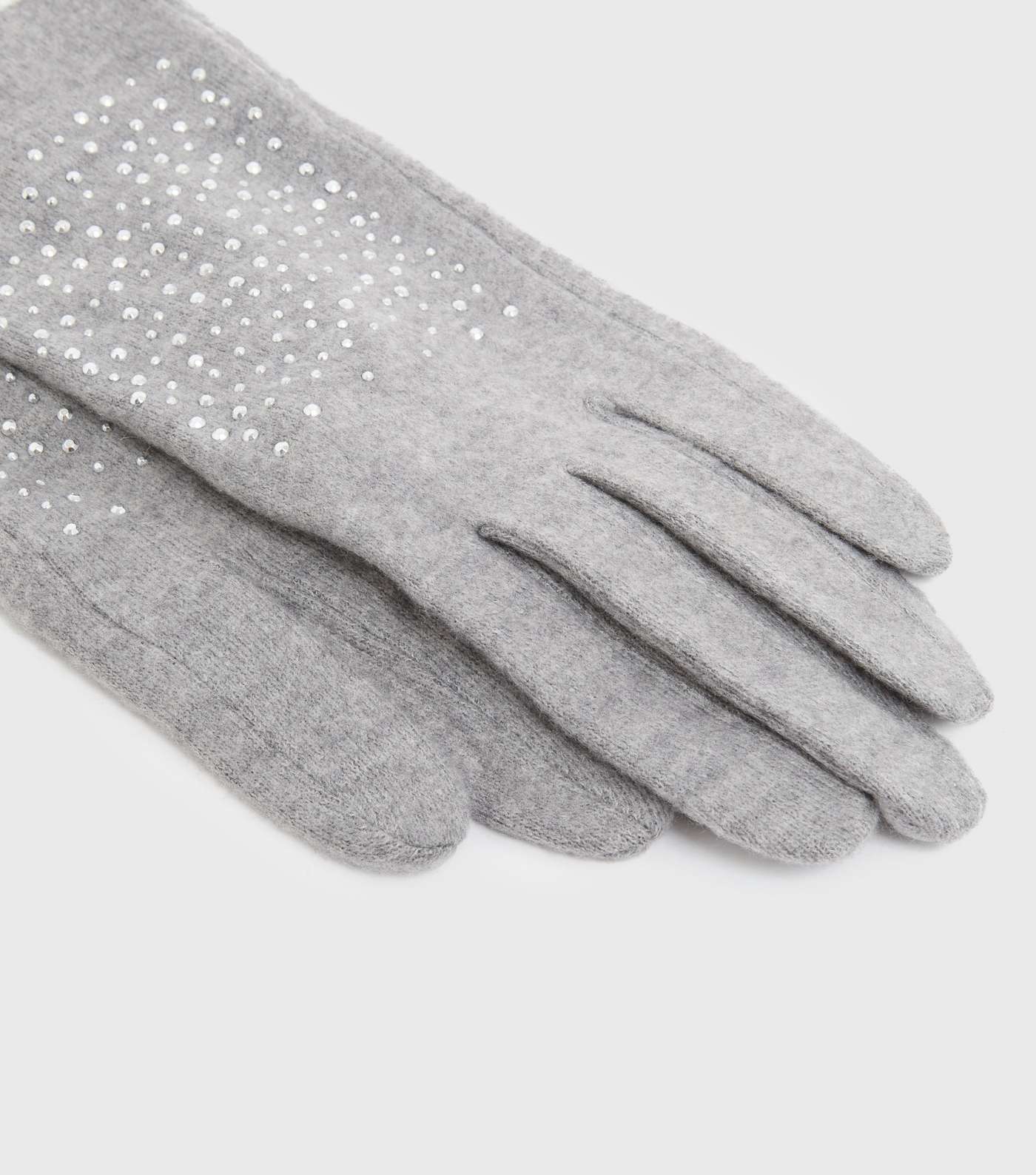 Grey Soft Fine Knit Diamanté Gloves Image 3