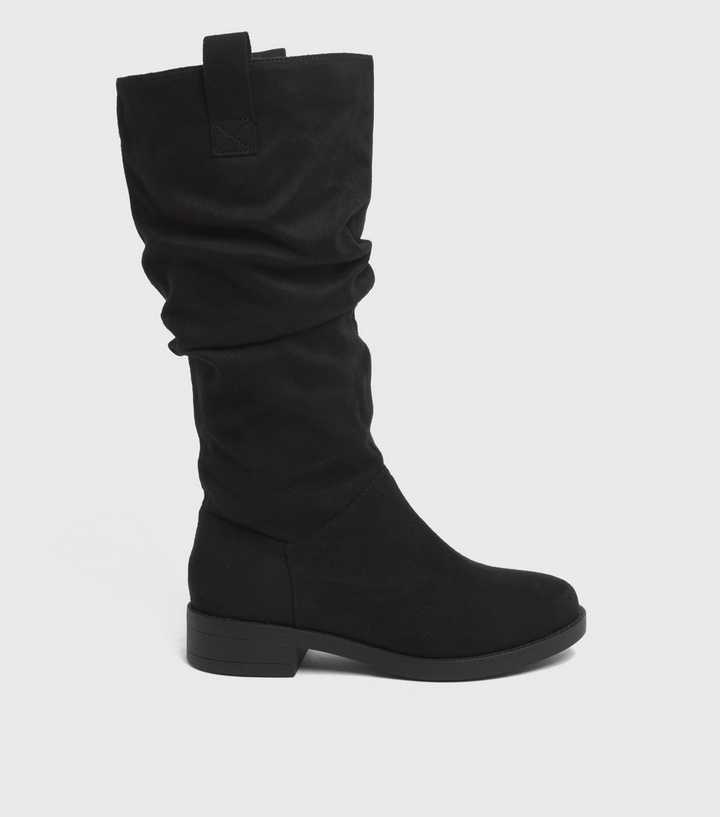 Wide Fit Black Suedette Slouch Calf Boots