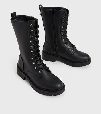 Womens black lace up mid best sale calf boots