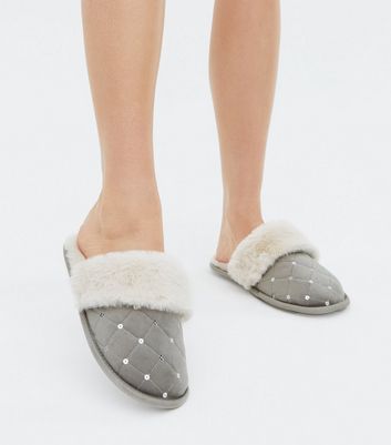 Grey Quilted Sequin Faux Fur Lined Mule 