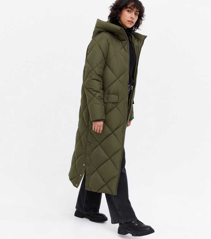 Khaki Quilted Long Puffer Coat