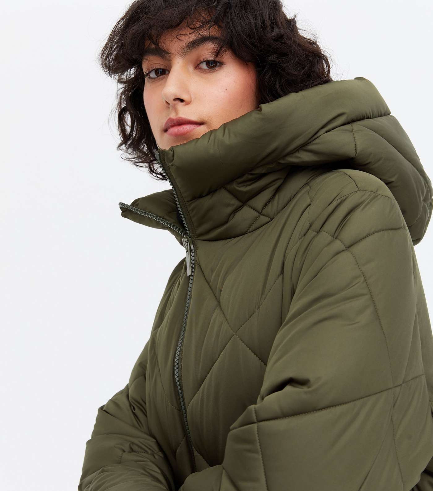 Khaki Quilted Long Puffer Coat Image 3