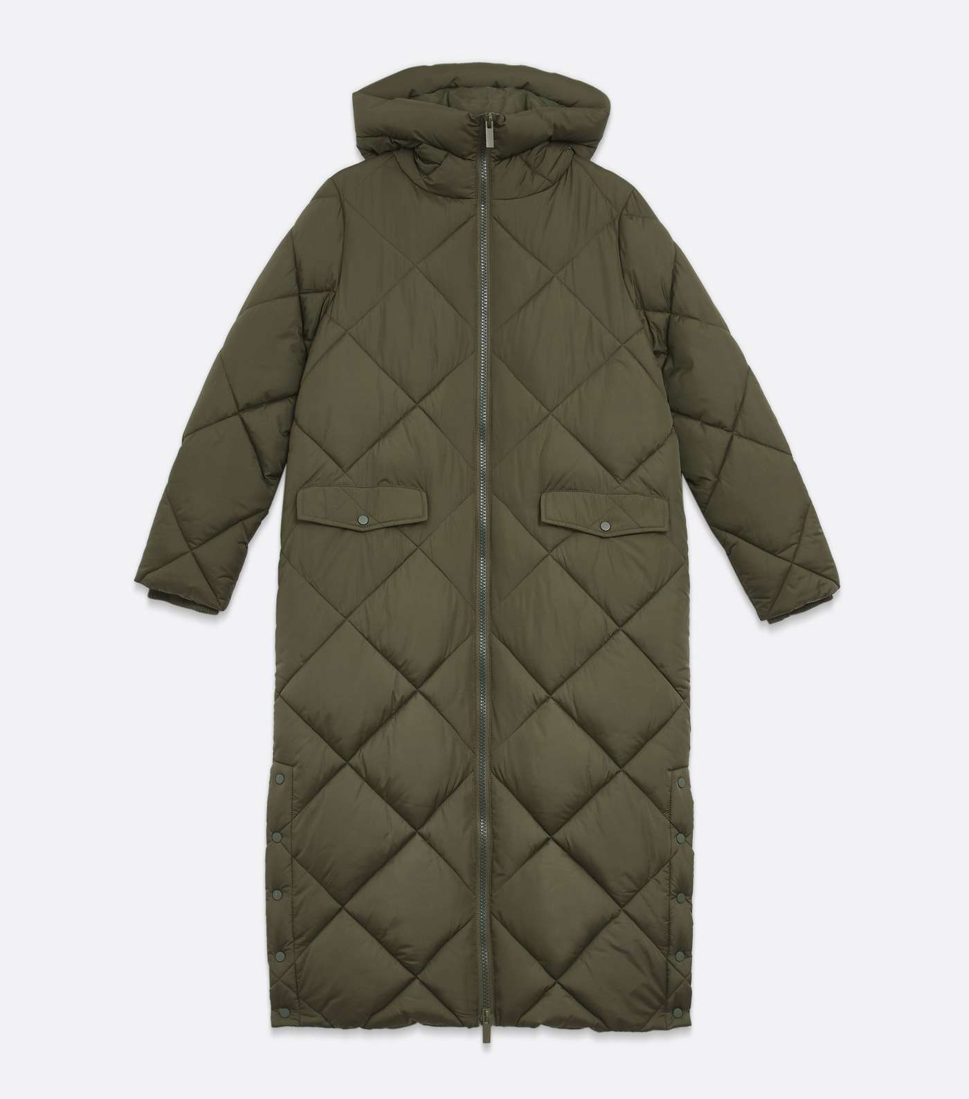 Khaki Quilted Long Puffer Coat Image 5