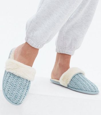 Click to view product details and reviews for Pale Blue Knit Faux Fur Lined Mule Slippers New Look Vegan.