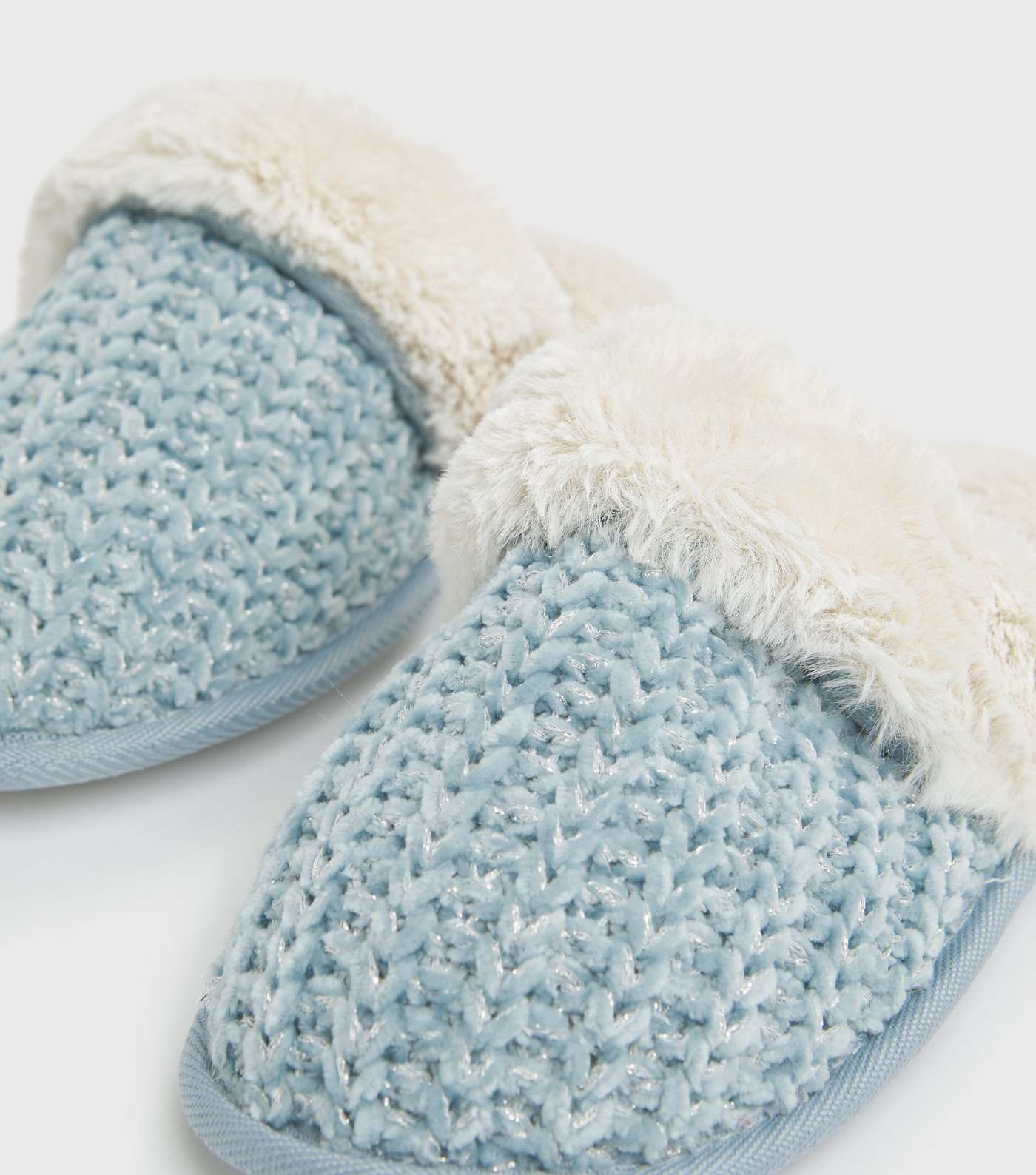 Pale Blue Knit Faux Fur Lined Mule Slippers Image 4