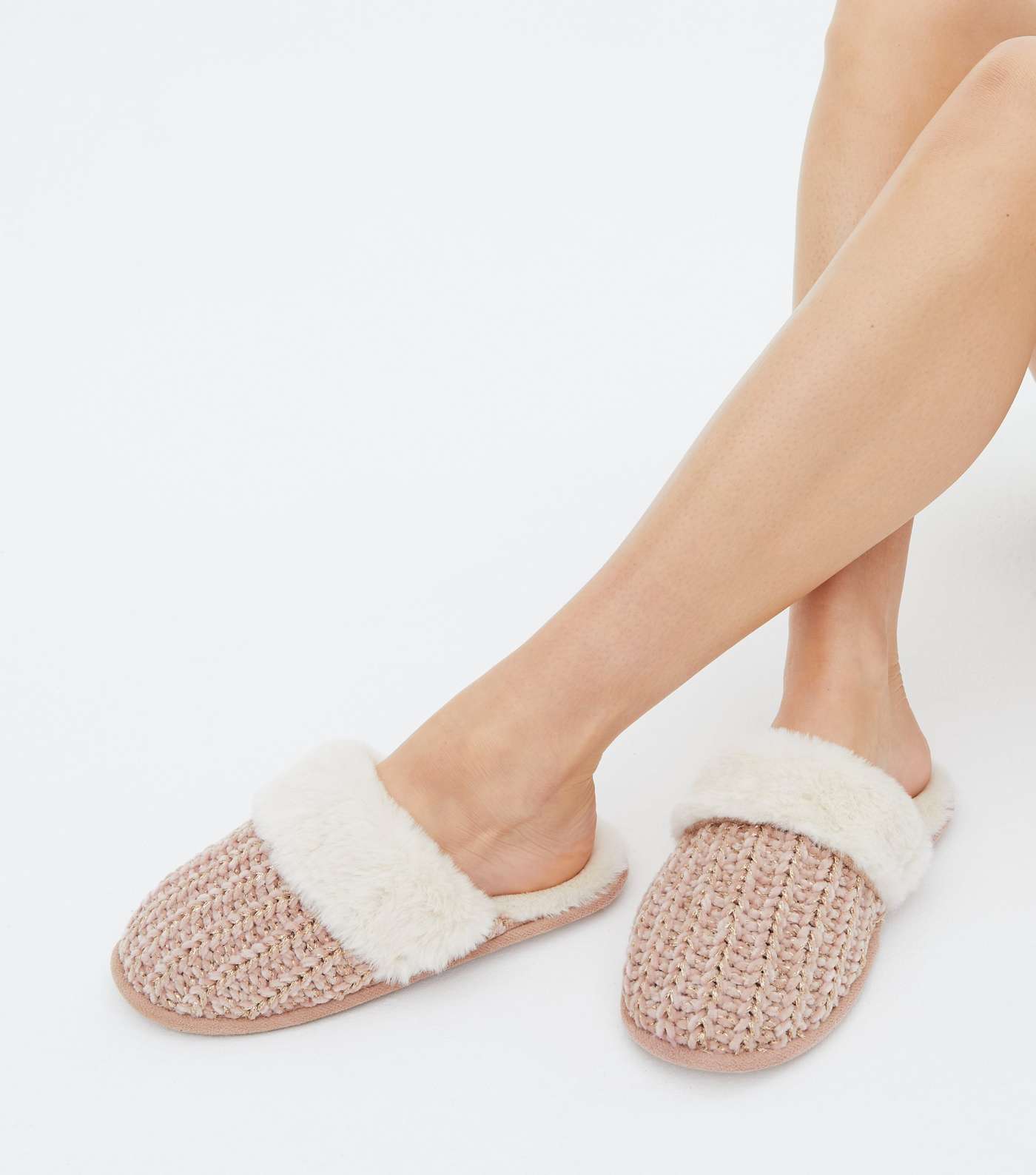 Pink Knit Faux Fur Lined Mule Slippers