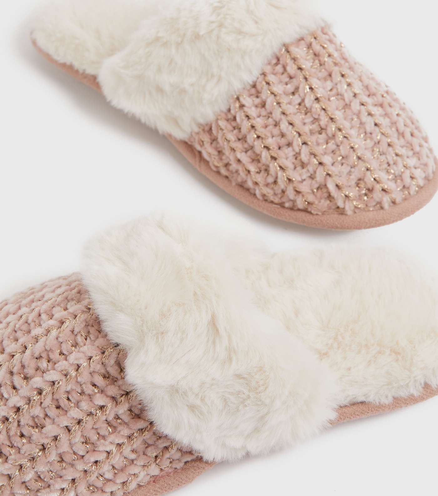 Pink Knit Faux Fur Lined Mule Slippers Image 3