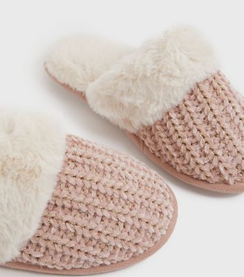 shop for Pink Knit Faux Fur Lined Mule Slippers New Look Vegan at Shopo