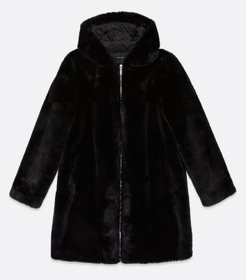 Black Faux Fur Zip Hooded Coat | New Look