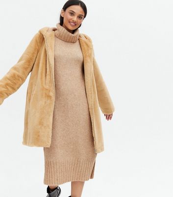 new look camel faux fur coat