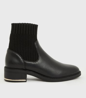 Black Knit Panel Metal Trim Ankle Boots