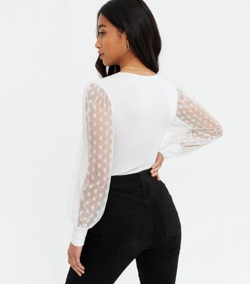 Petite White Spot Mesh Puff Sleeve 