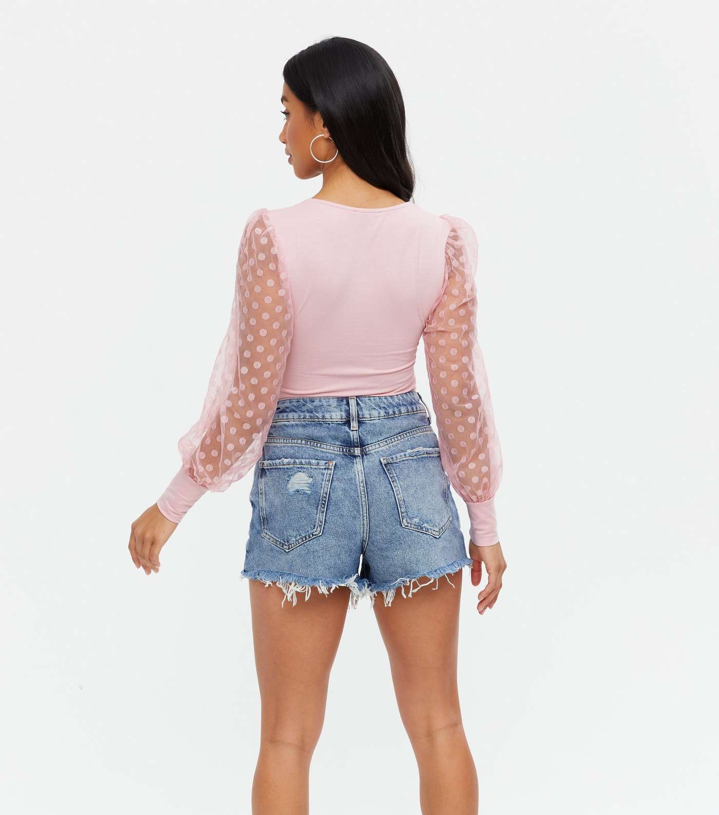 Petite Pale Pink Spot Mesh Puff Sleeve Square Neck Top Image 4