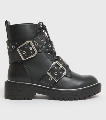 black buckle chunky boots