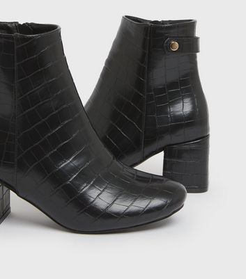 Black Faux Croc Block Heel Ankle Boots 