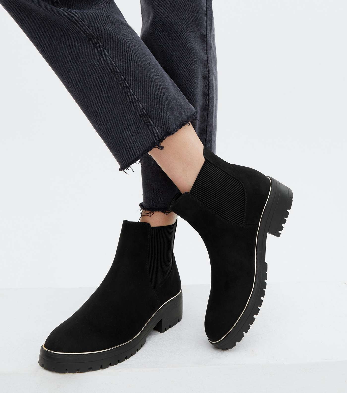 Wide Fit Black Suedette Metal Trim Chunky Chelsea Boots Image 2