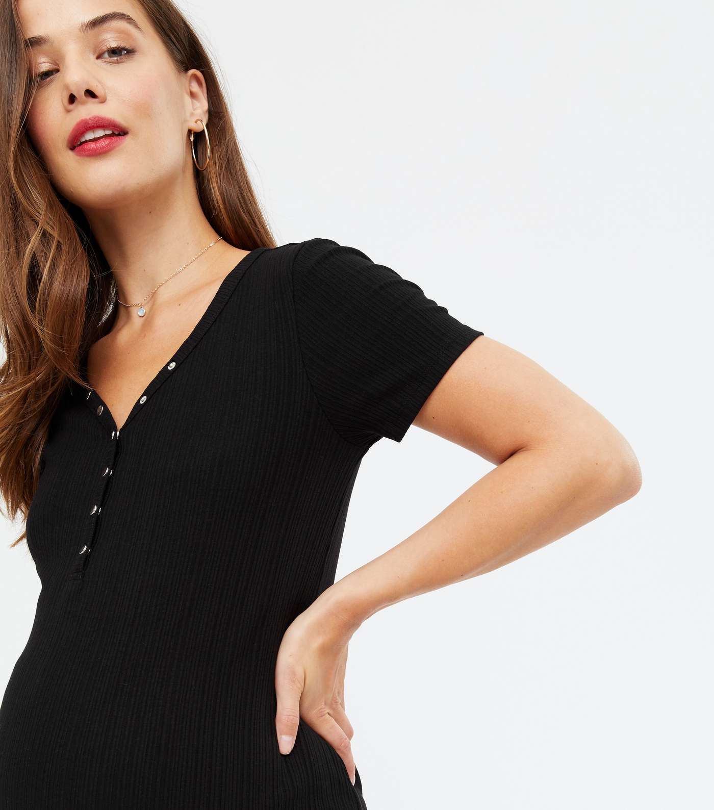 Maternity Black Ribbed Popper Front T-Shirt Image 3