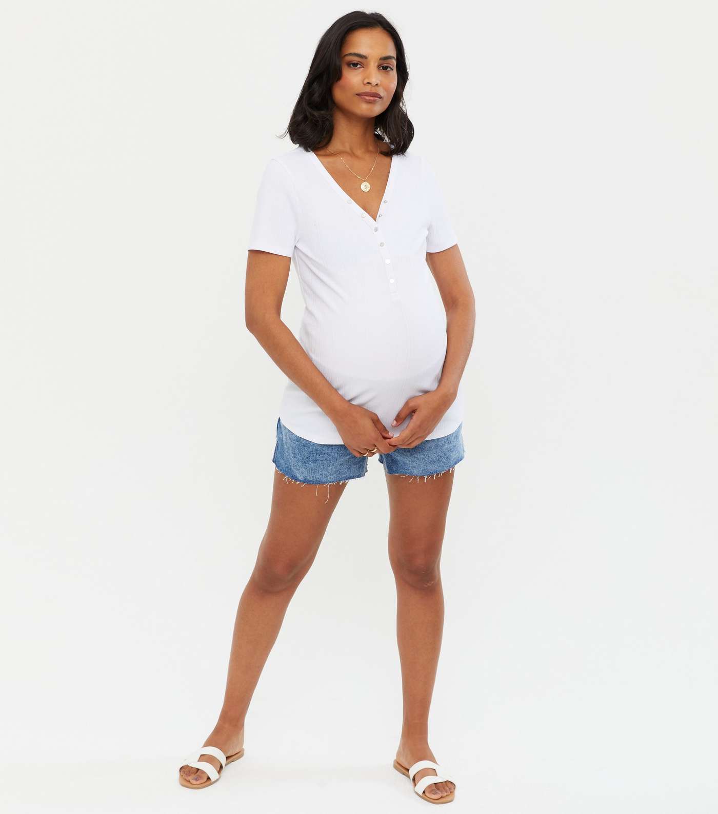Maternity White Ribbed Popper Front T-Shirt Image 2