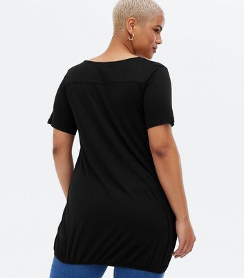 Curves Black V Neck Bubble Hem T-Shirt 