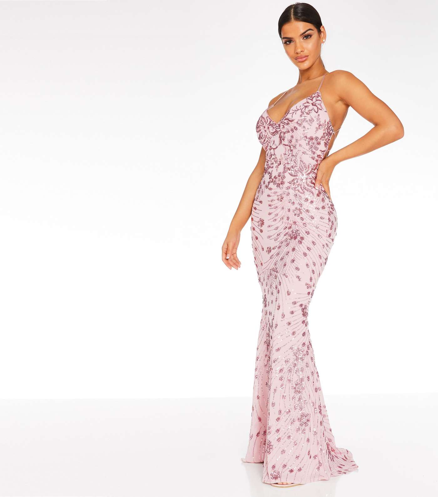 QUIZ Pale Pink Sequin Fishtail Maxi Dress Image 2