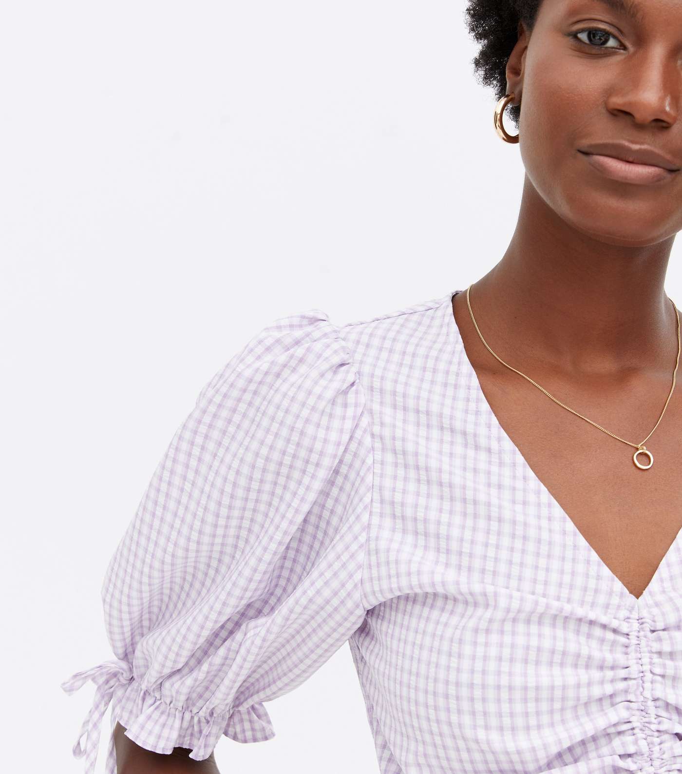 Lilac Gingham Poplin Ruched Tie Front Blouse Image 3