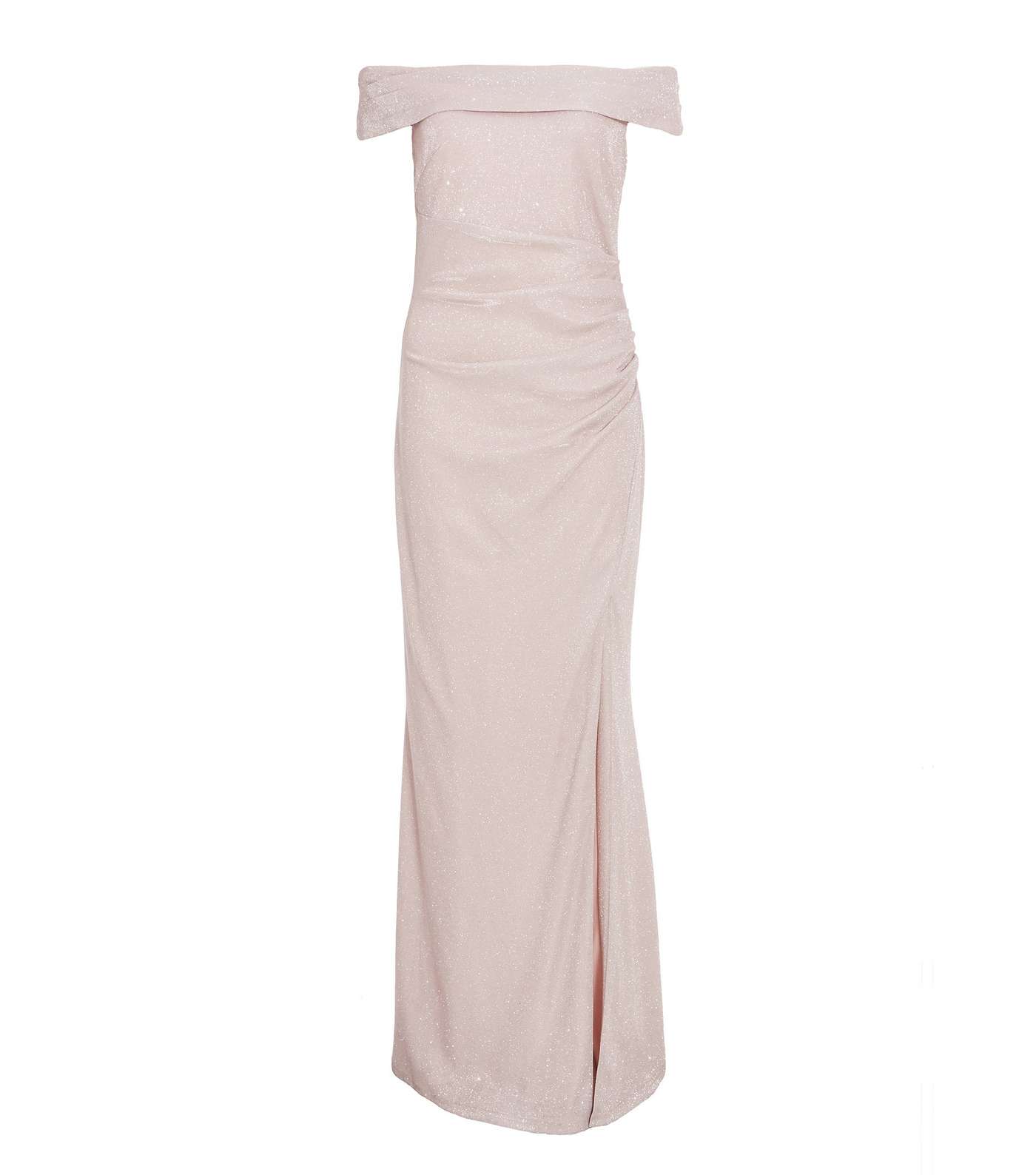QUIZ Pale Pink Glitter Split Hem Bardot Maxi Dress Image 4