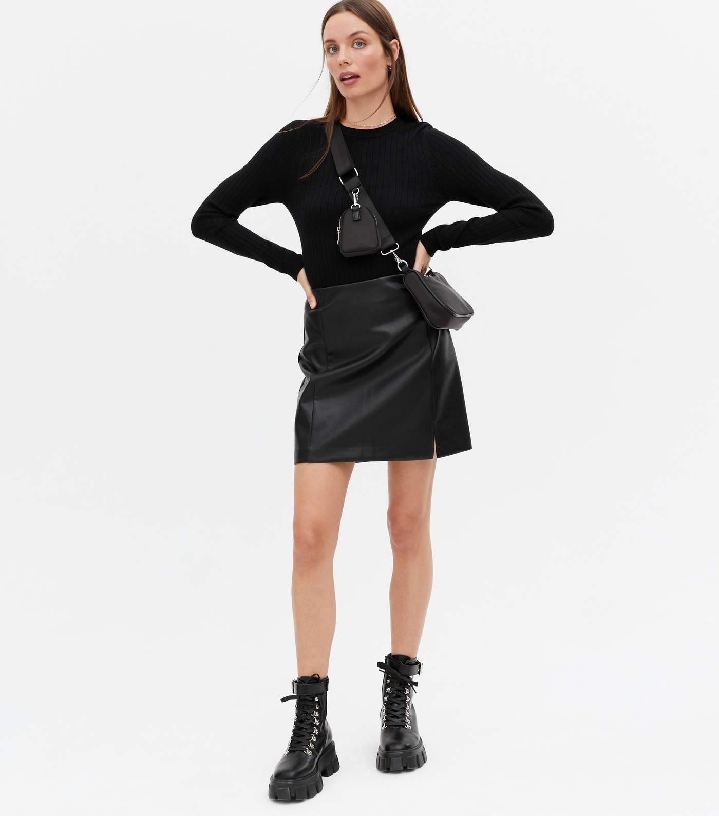 Black Leather-Look Split Hem Mini Skirt