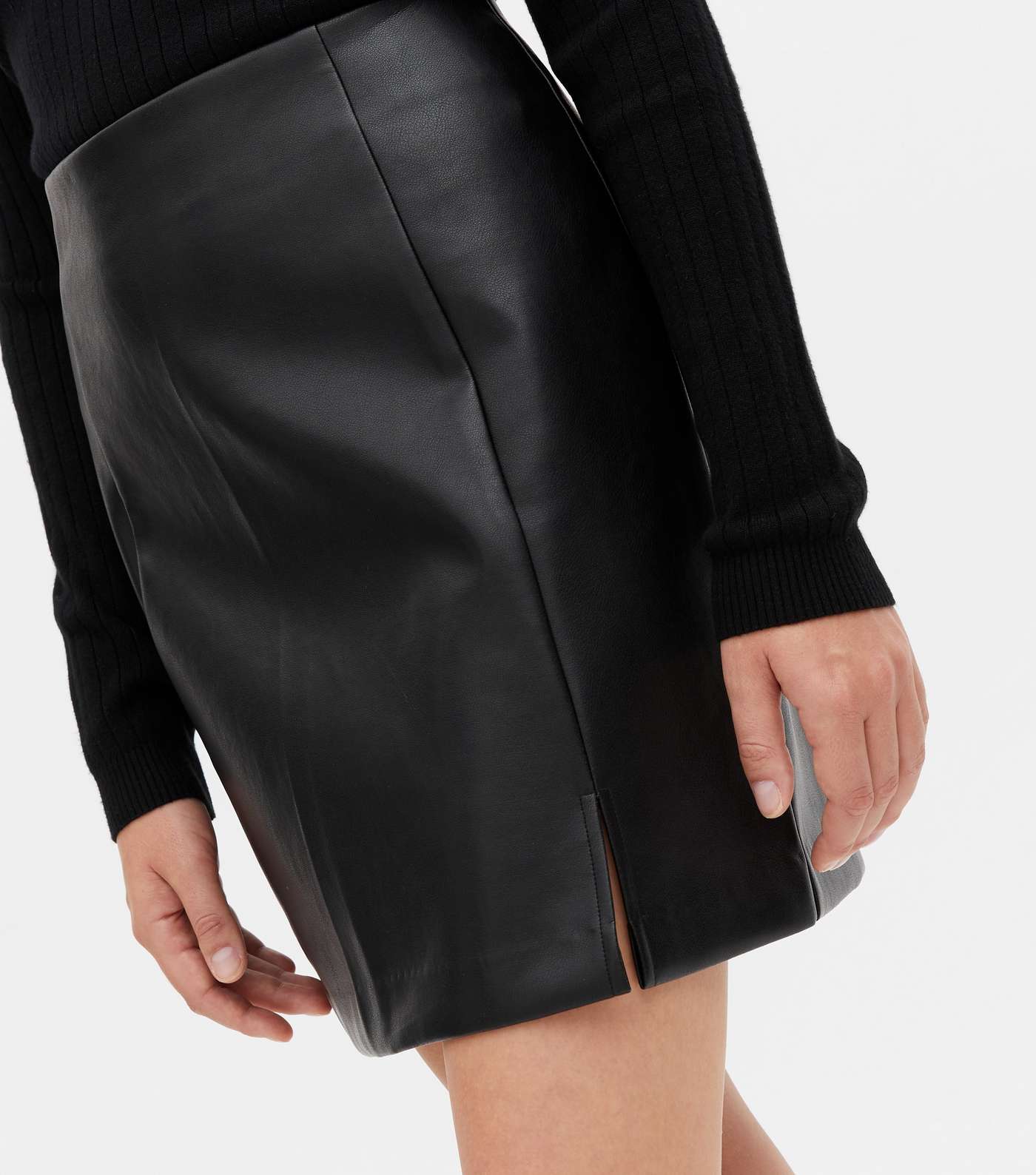 Black Leather-Look Split Hem Mini Skirt Image 3