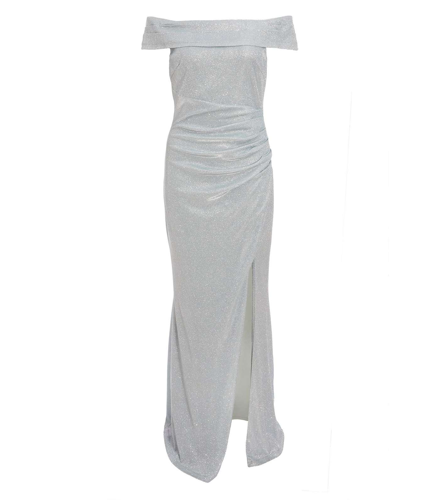 QUIZ Pale Blue Glitter Split Hem Bardot Maxi Dress Image 4