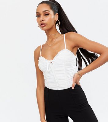 white ruched mesh bodysuit