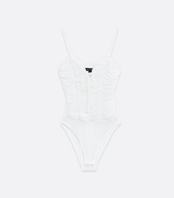 white ruched mesh bodysuit