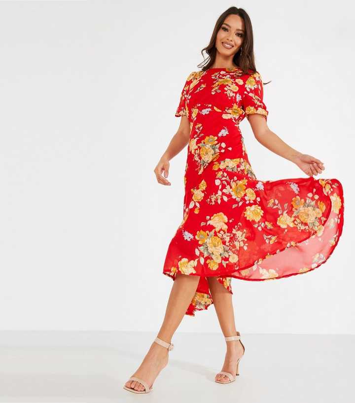 Quiz Red Floral Chiffon Asymmetric Midi Dress | New Look
