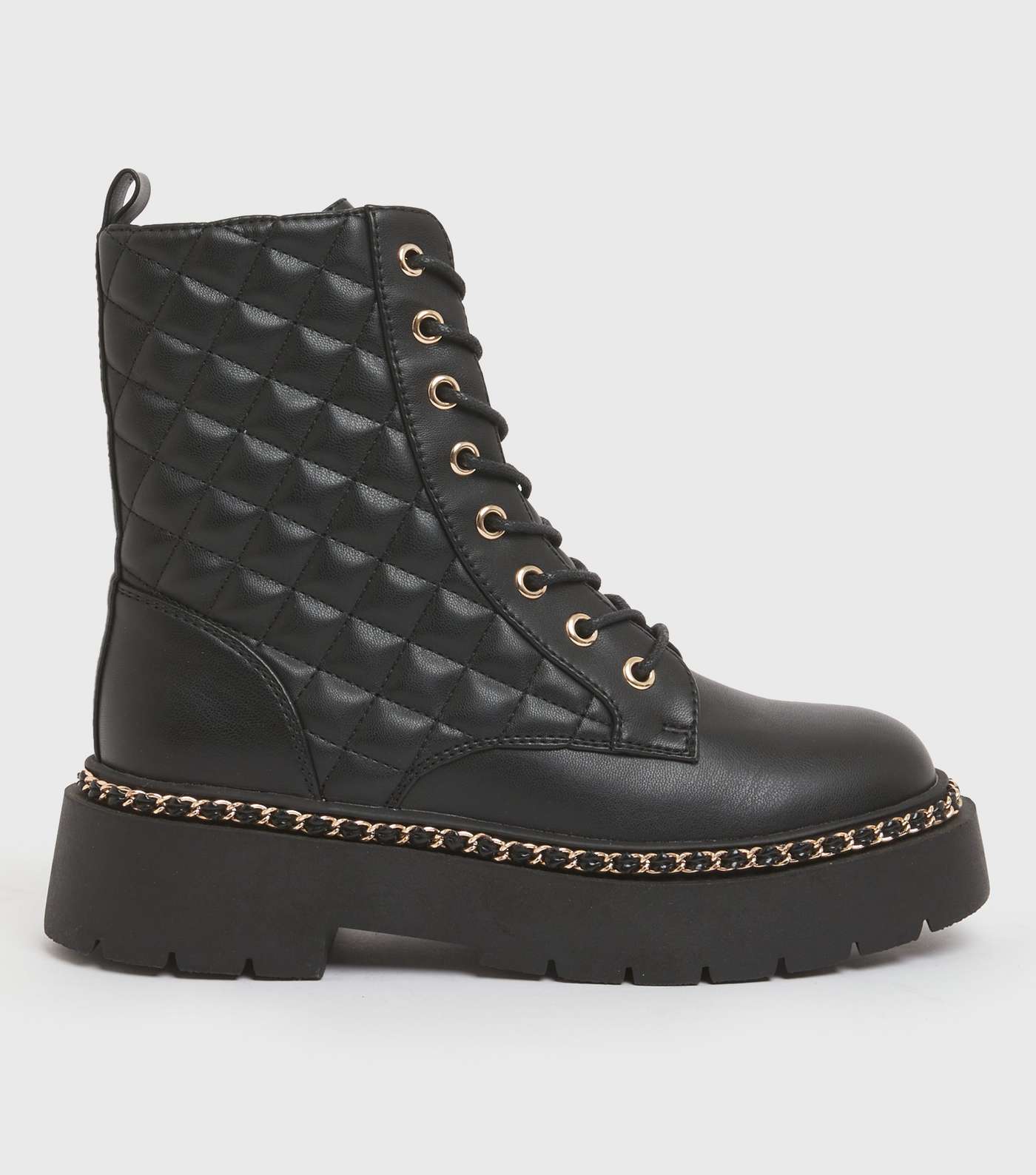 Little Mistress Black Leather-Look Quilted Chain Biker Boots