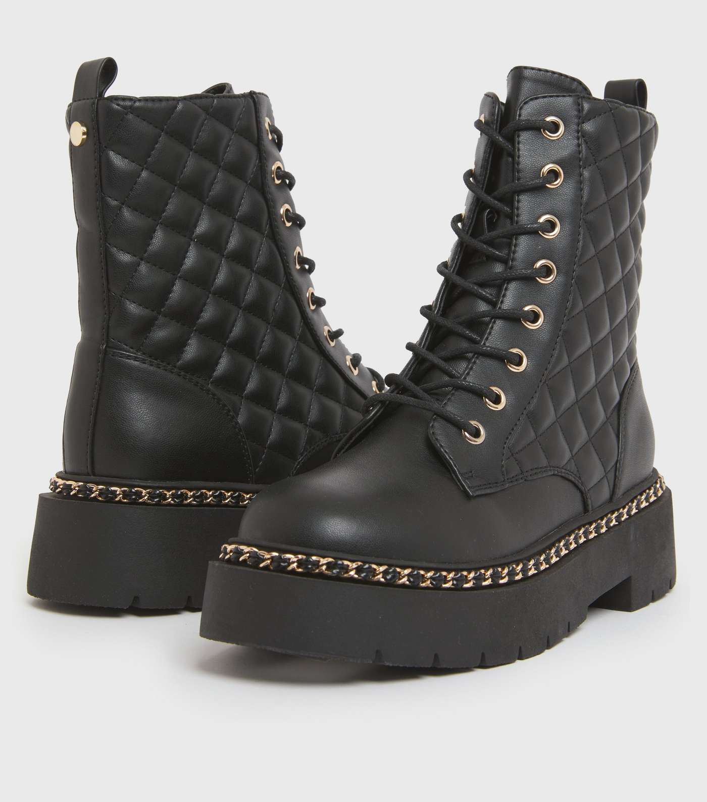 Little Mistress Black Leather-Look Quilted Chain Biker Boots Image 3