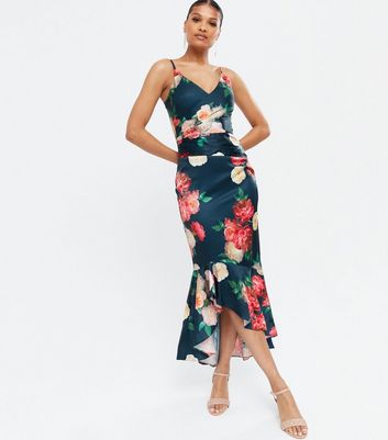 navy floral satin dress