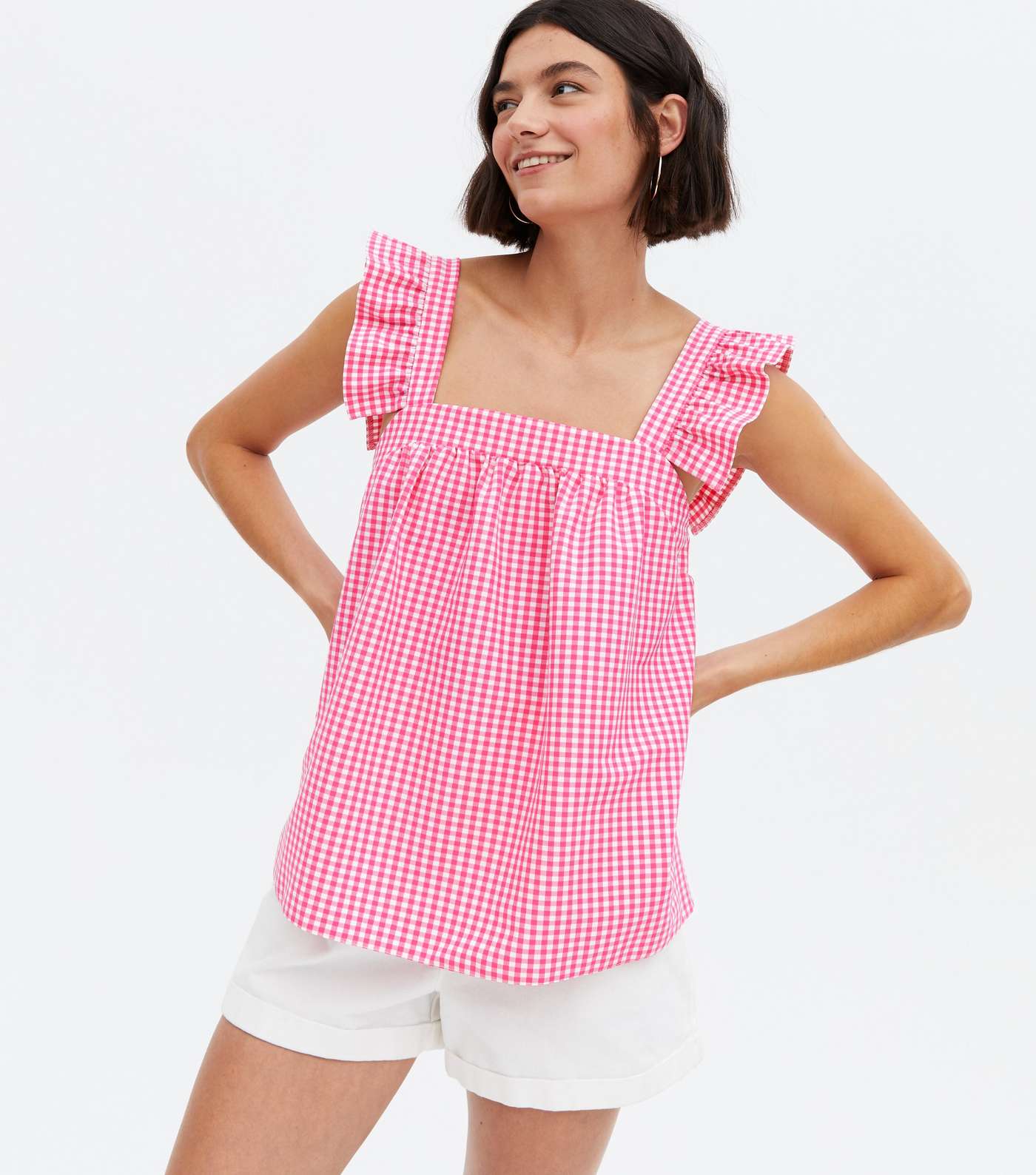 Pink Gingham Frill Square Neck Top