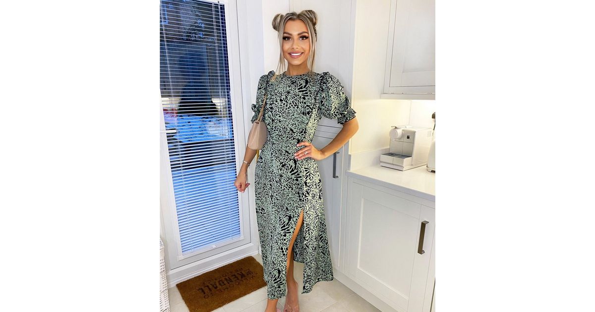 AX Paris Mint Green Animal Print Puff Sleeve Midi Dress | New Look