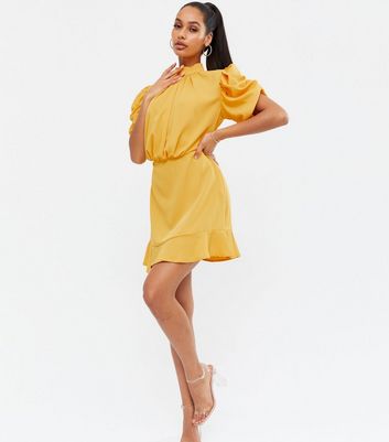 Click to view product details and reviews for Ax Paris Yellow Ruched Puff Sleeve Skater Dress New Look.