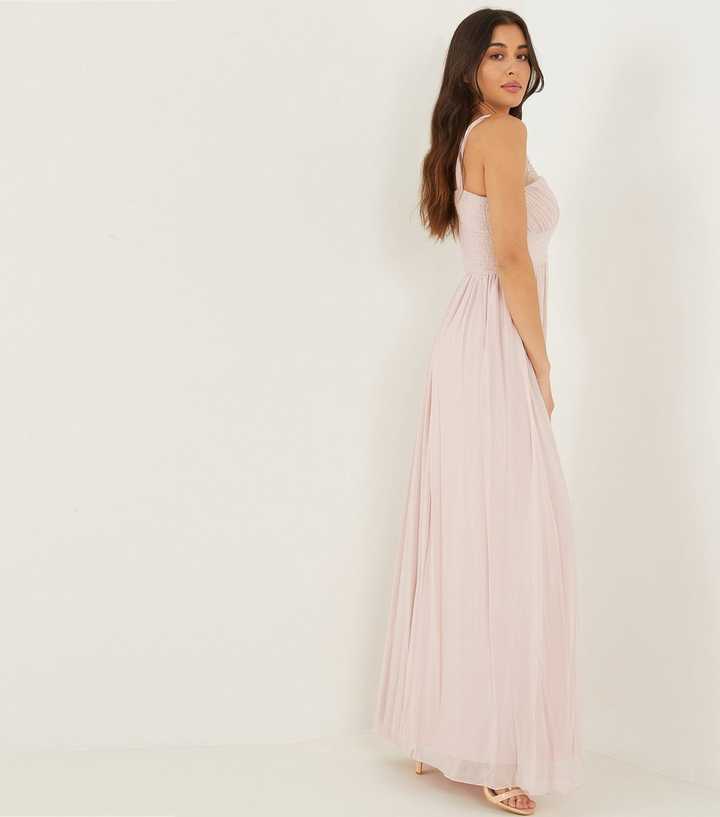 pink chiffon high neck embellished maxi dress