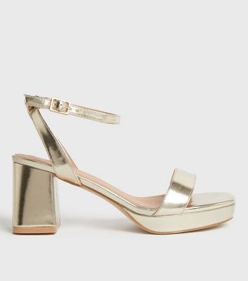 London Rebel Wide Fit Pointed Block Heel Shoes In Gold | ModeSens