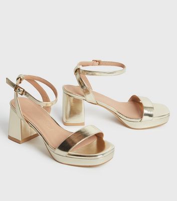 Click to view product details and reviews for Wide Fit Gold Block Heel Chunky Sandals New Look Vegan.